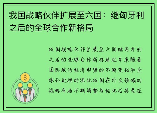 我国战略伙伴扩展至六国：继匈牙利之后的全球合作新格局