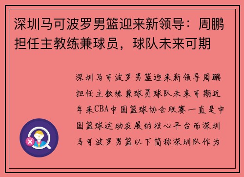 深圳马可波罗男篮迎来新领导：周鹏担任主教练兼球员，球队未来可期