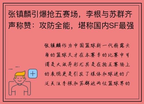 张镇麟引爆抢五赛场，李根与苏群齐声称赞：攻防全能，堪称国内SF最强