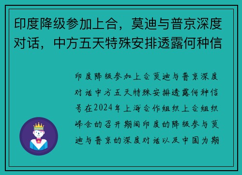 印度降级参加上合，莫迪与普京深度对话，中方五天特殊安排透露何种信号