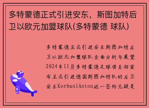 多特蒙德正式引进安东，斯图加特后卫以欧元加盟球队(多特蒙德 球队)