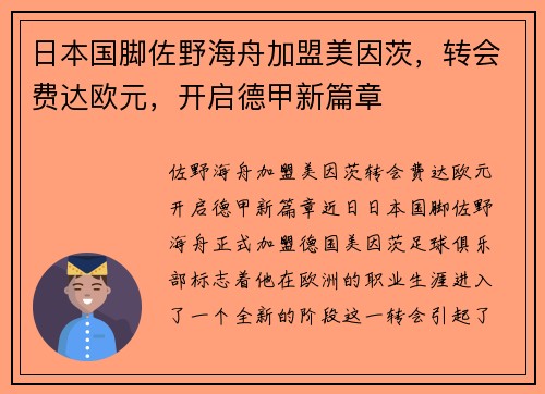 日本国脚佐野海舟加盟美因茨，转会费达欧元，开启德甲新篇章