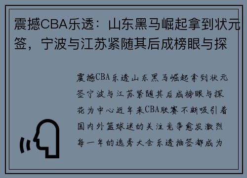 震撼CBA乐透：山东黑马崛起拿到状元签，宁波与江苏紧随其后成榜眼与探花