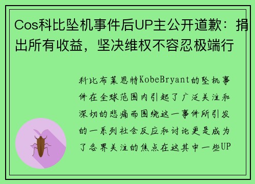 Cos科比坠机事件后UP主公开道歉：捐出所有收益，坚决维权不容忍极端行为