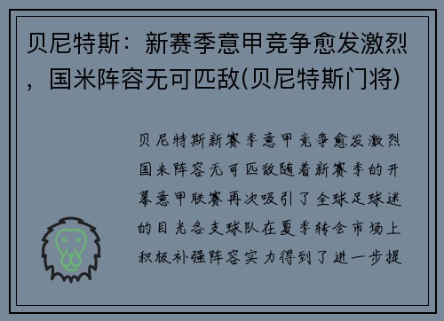 贝尼特斯：新赛季意甲竞争愈发激烈，国米阵容无可匹敌(贝尼特斯门将)